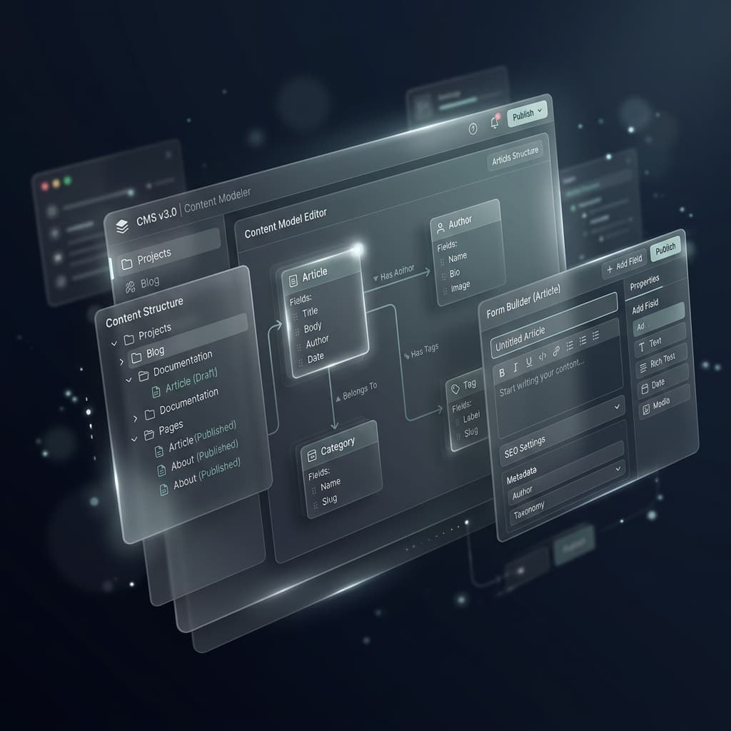 MonkeysCMS content model editor with glassmorphism UI showing content types and relationships