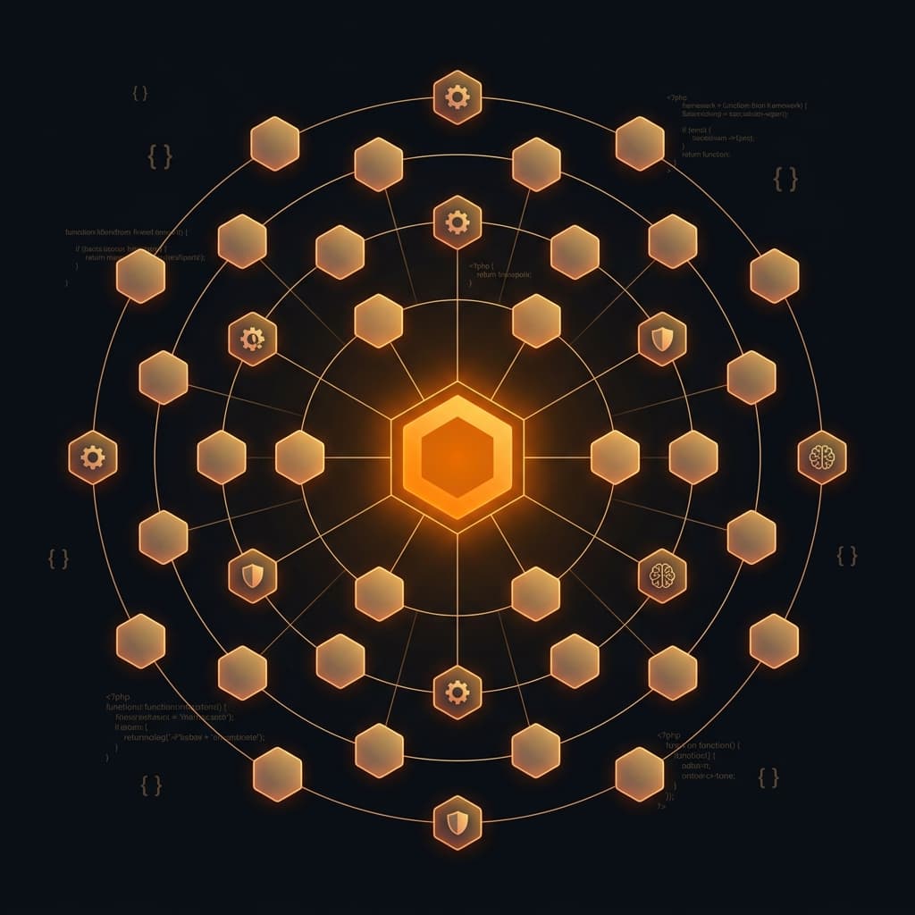 MonkeysLegion framework architecture with 28 modular packages orbiting a central core