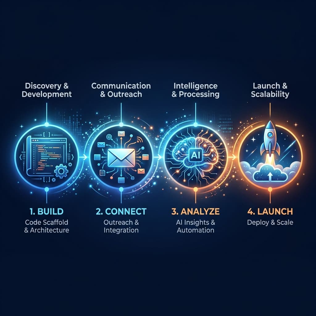 Four-step workflow: Build, Connect, Analyze, Launch