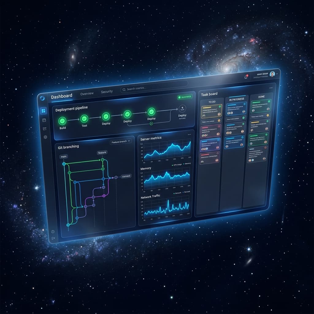MonkeysCloud platform dashboard showing deployment pipeline, git branches, and server metrics